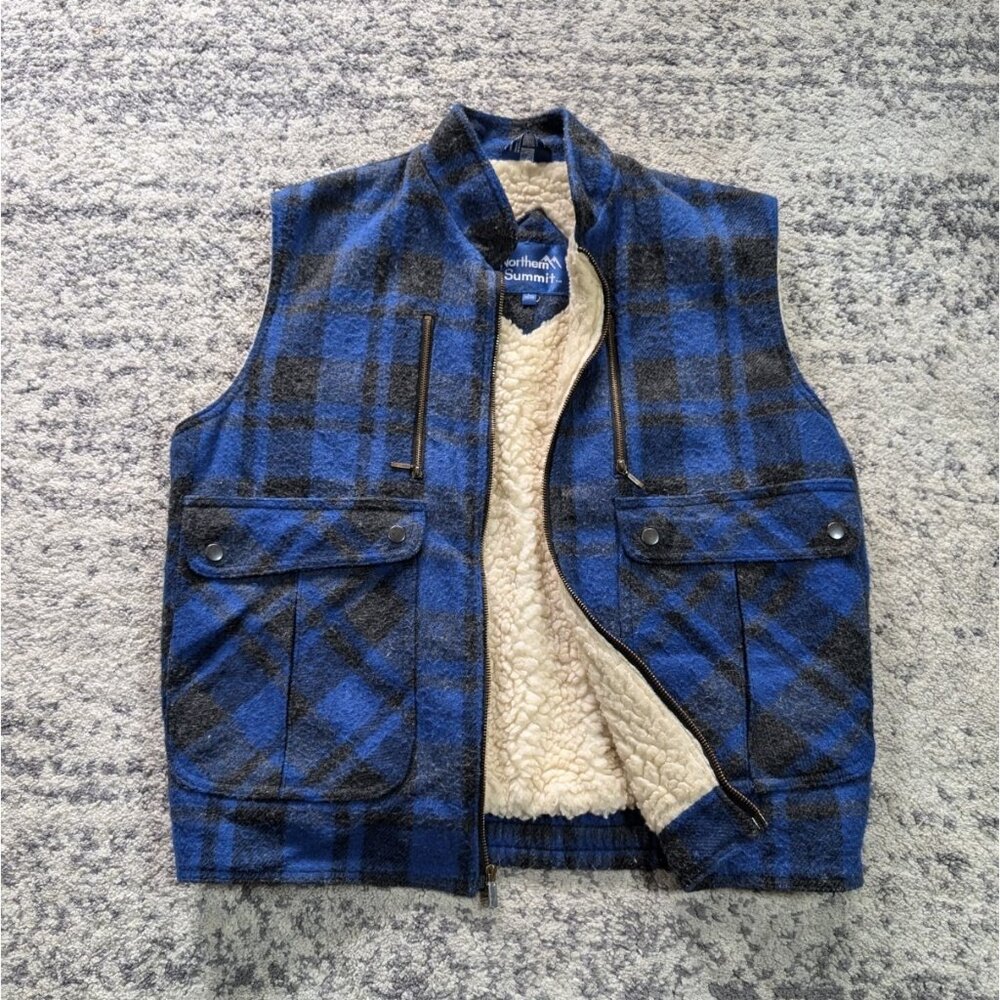 Vintage Northern Summit Wool Blend Vest Blue Plaid Sherpa Lined Hiking Mens L